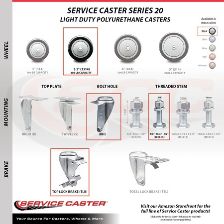 Service Caster 3.5 Inch SS Black Polyurethane Swivel 3/8 Inch Threaded Stem Caster Brakes, 2PK SSTS20S3514-PPUB-BLK-TLB-381615-2-S2